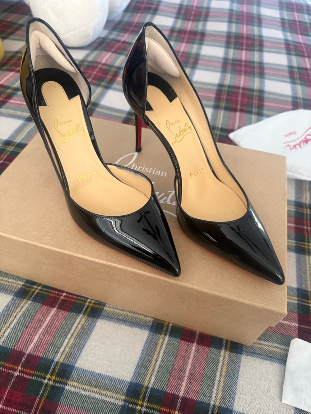 Christian Louboutin Black Patent Pointed-Toe Stiletto Pumps with Red Sole